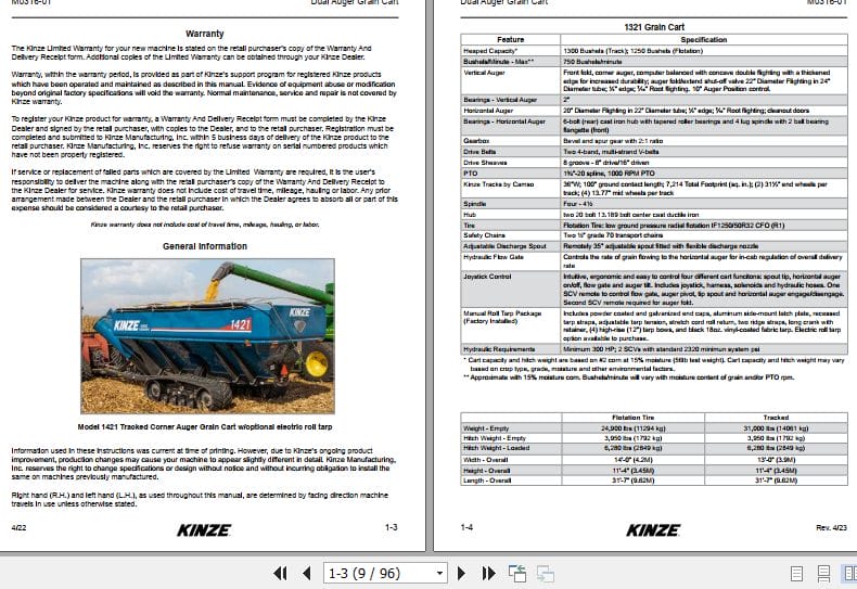 Kinze Dual Auger Grain Carts 1321 1421 1521 1721 Operators Manual M0316 01 04.2024 (2)