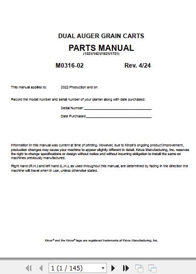 Kinze Dual Auger Grain Carts 1321 1421 1521 1721 Parts Manual M0316 02 04.2024 (1)