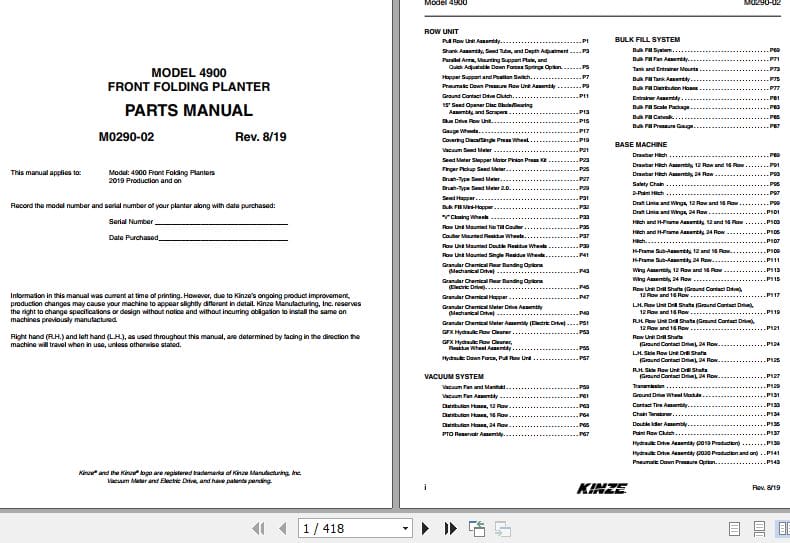 Kinze Front Fold Planter 4900 Parts Manual M0290 02 08.2019 (1)