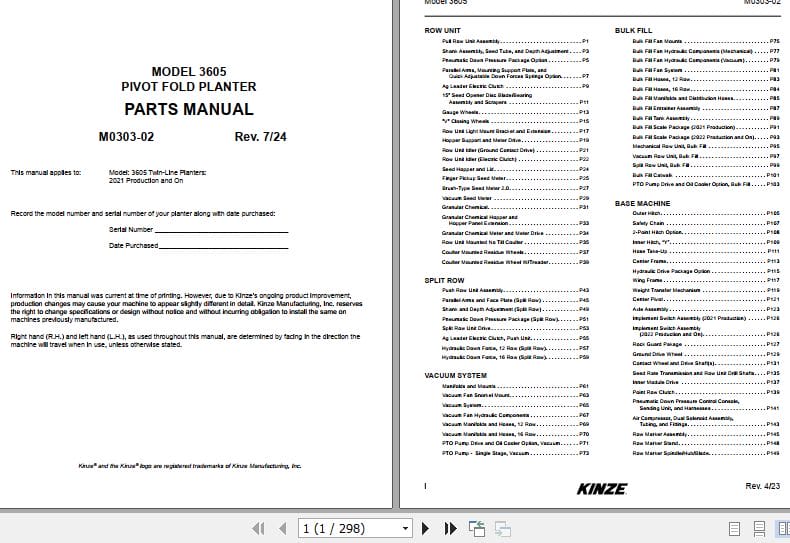 Kinze Pivot Fold Planter 3605 Parts Manual M0303 02 07.2024 (1)