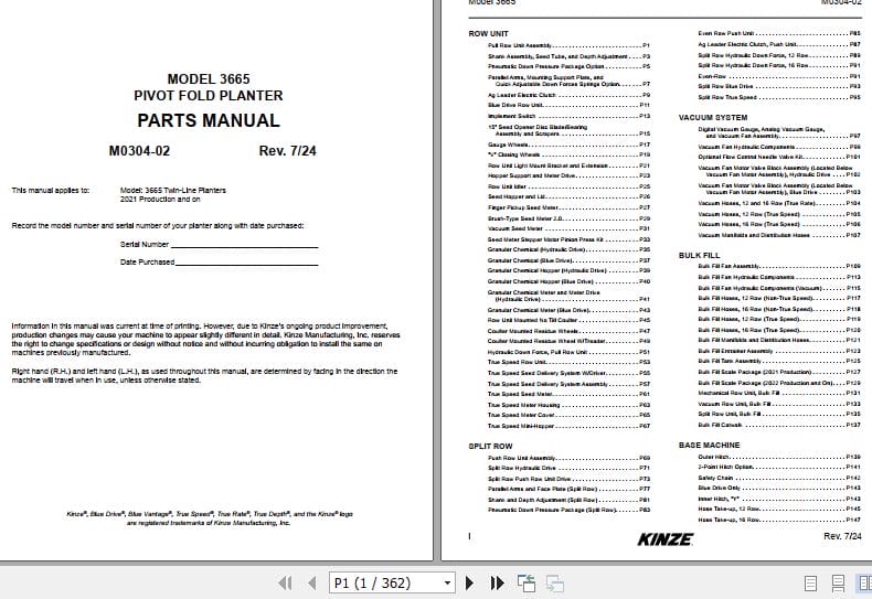 Kinze Pivot Fold Planter 3665 Parts Manual M0304 02 07.2024 (1)