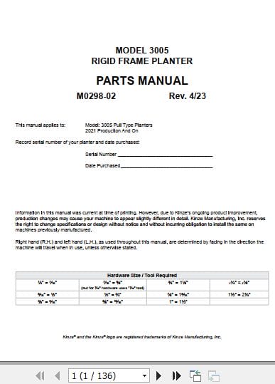 Kinze Rigid Frame Planter 3005 Parts Manual M0298 02 04.2023 (1)