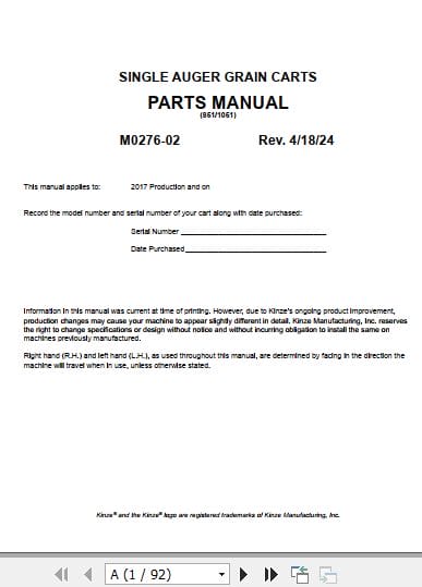 Kinze Single Auger Grain Cart 851 1051 Parts Manual M0276 02 04.2024 (1)