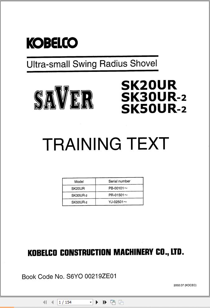 Kobelco Excavator SK20UR SK30UR 2 SK50UR 2 Training Text Manual S6YO 00219ZE01 (1)