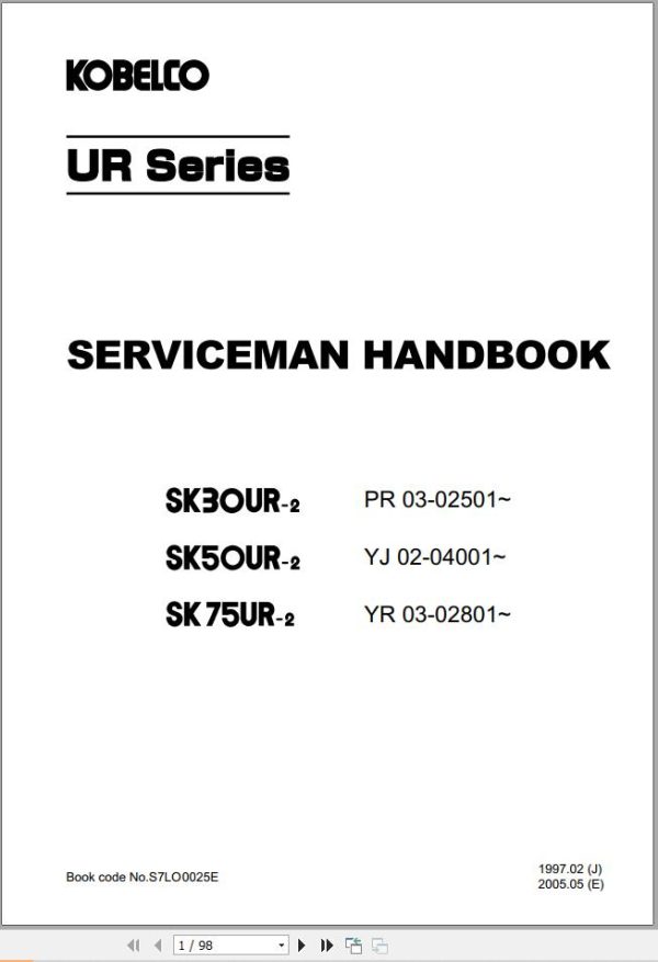 Kobelco Excavator SK30UR 2 SK50UR 2 SK75UR 2 Serviceman Handbook S7LO0025E (1)