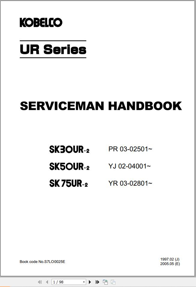Kobelco Excavator SK30UR 2 SK50UR 2 SK75UR 2 Serviceman Handbook S7LO0025E (1)