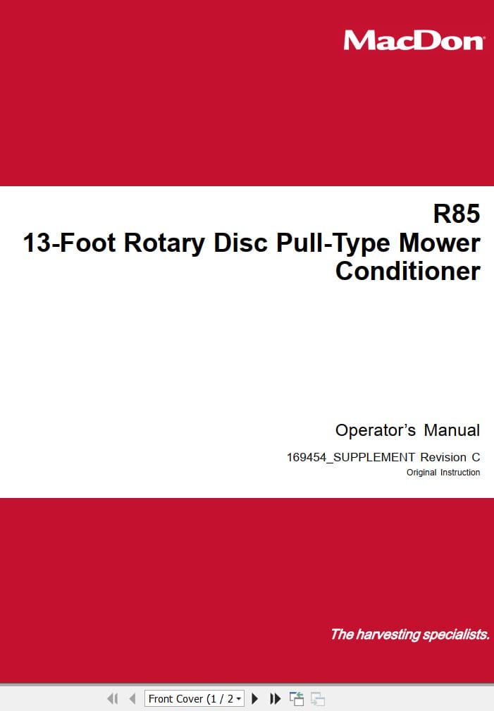 Macdon 13 Foot Pull Type Mower Conditioner R85 Supplement Manual 169454 (1)