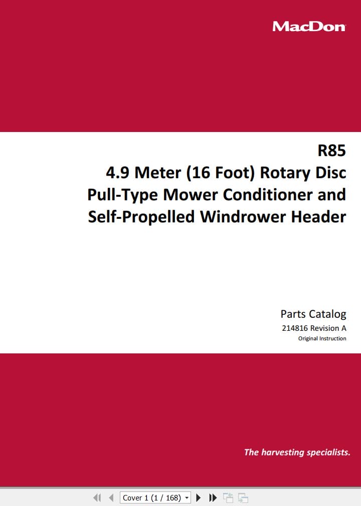 Macdon 16 Foot Rotary Disc Pull Type Mower R85 Parts Catalog 214816 Revision A (1)