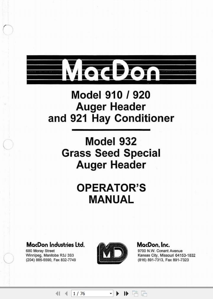 Macdon Auger Header 910 920 932 921 Operators Manual 46013 (1)