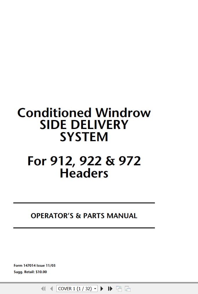 Macdon Conditioned Windrow Side Delivery System For 912 922 972 Operators Parts Manual 147014 (1)