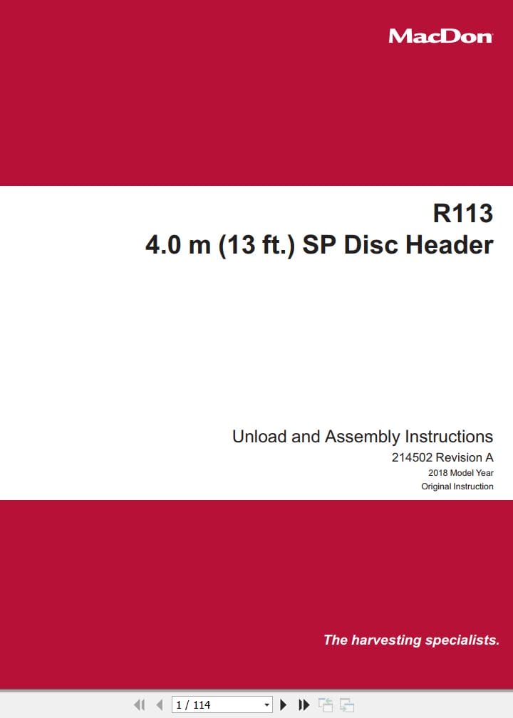 Macdon Disc Header R113 Unloading & Assembly Instructions 214502 Revision A (1)