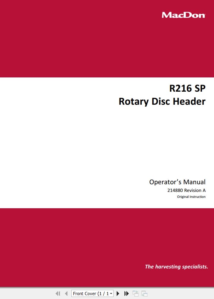Macdon Disc Header R216 SP Operators Manual 214880 Revision A (1)