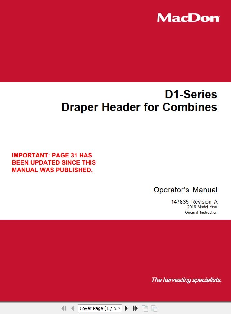Macdon Draper Header D1 Series Operators Manual (1)