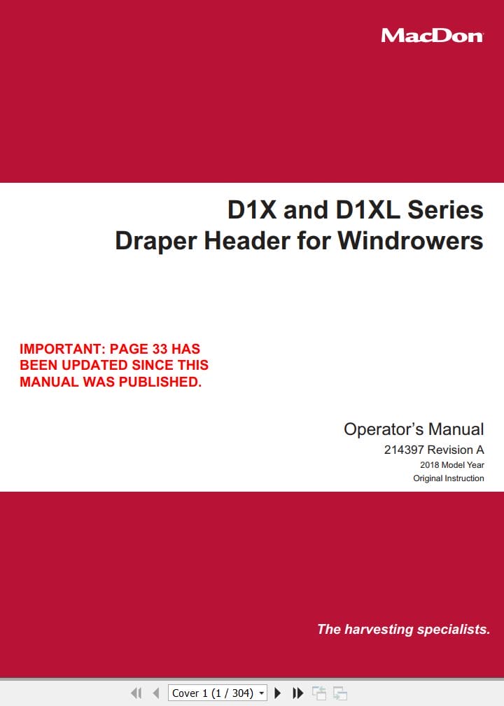 Macdon Draper Header D1X D1XL Series Operators Manual (1)