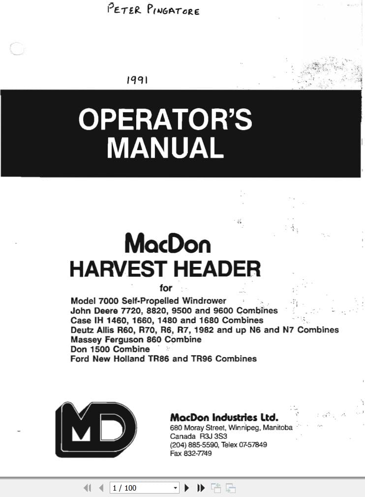 Macdon Harvest Header 7000 Self Propelled Windrower Operators Manual 12914 (1)