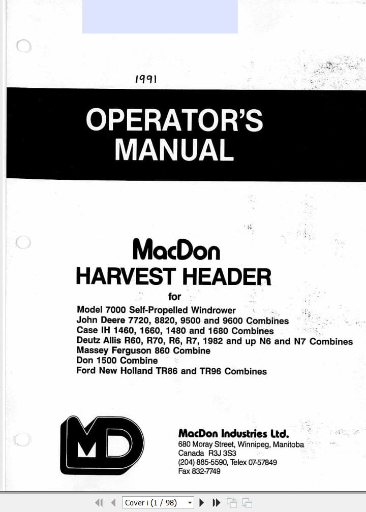 Macdon Harvest Header For 7000 Self Pro Windrower Operators Manual 12914 (1)