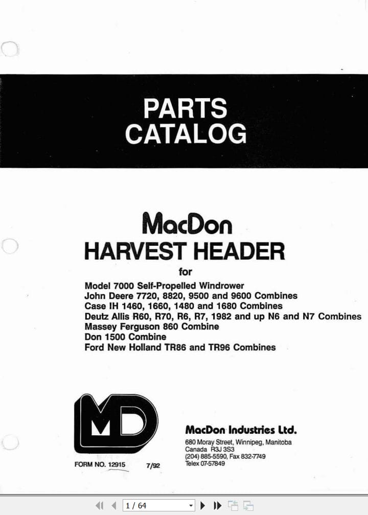 Macdon Harvest Header for 7000 Self Propelled Windrower Parts Catalog 12915 (1)