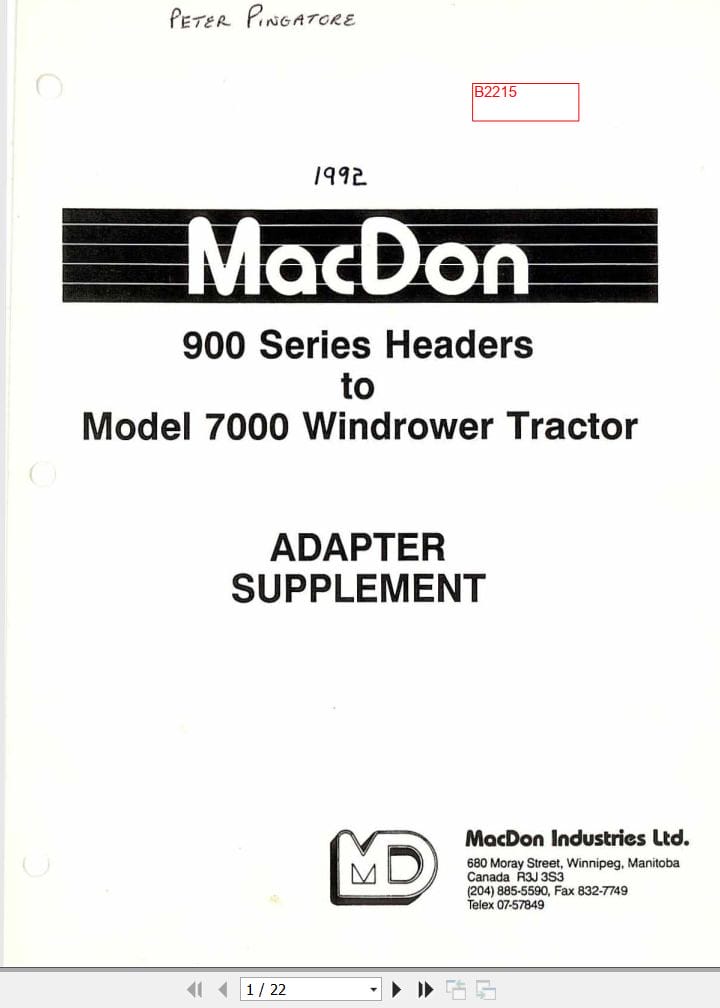 Macdon Header 900 Series Windrower Tractor 7000 Adapter Supplement 46047 (1)
