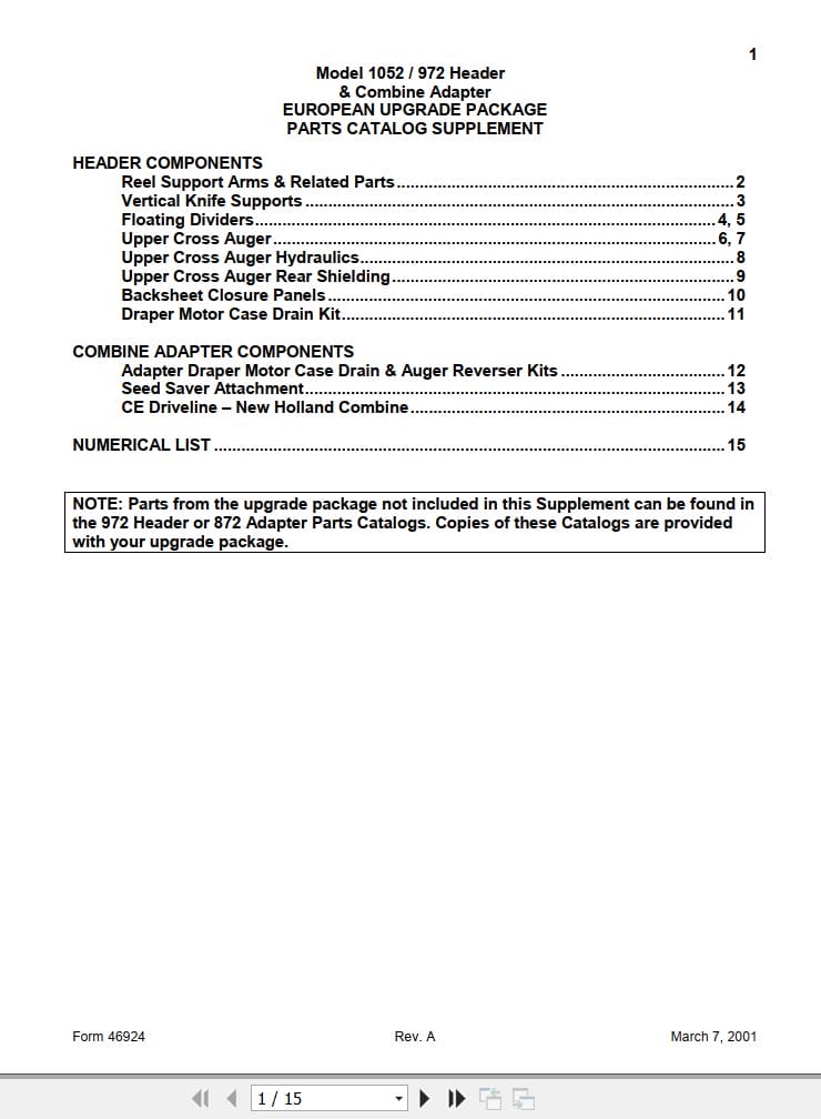 Macdon Header Combine Adapter 972 1052 Supplement Parts Catalog 46924 Revision A (1)