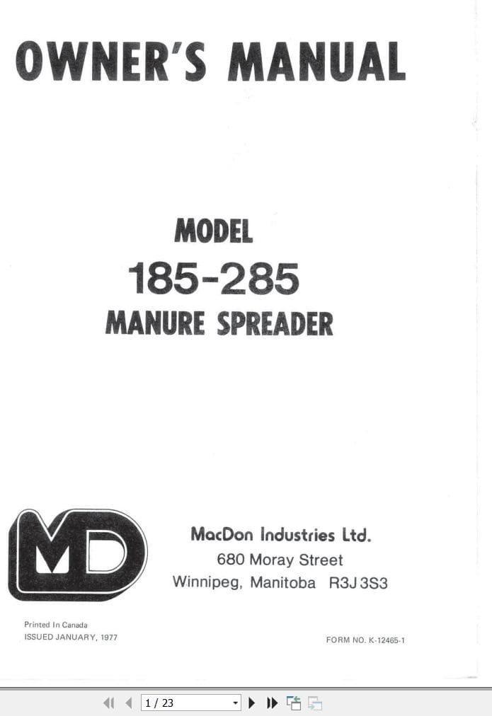 Macdon Manure Spreader 185 285 Owners Manual K 12465 1 (1)