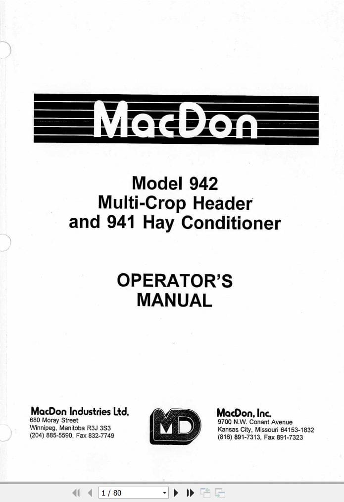 Macdon Multi Crop Header 942 Hay Conditioner 941 Operators Manual 46217 (1)