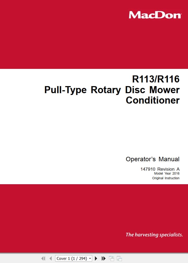 Macdon Pull Type Mower Conditioner R113 R116 Operators Manual 147910 (1)