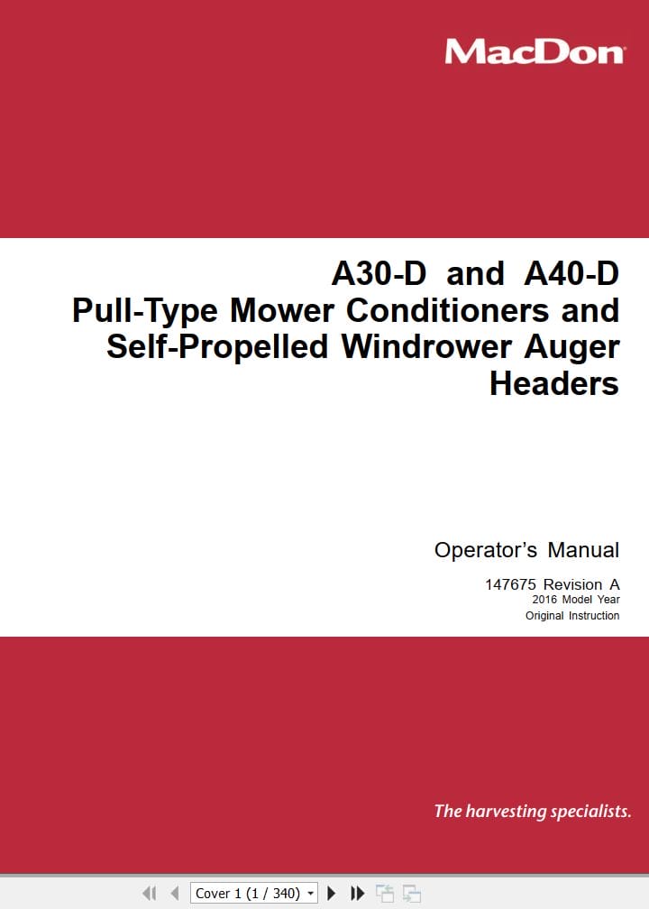 Macdon Pull Type Mower Conditioners A30 D A40 D Operators Manual 147675 Revision A (1)