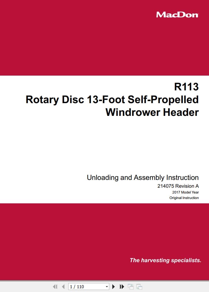 Macdon Rotary Disc 13 Foot R113 Unloading & Assembly Instructions 214075 Revision A (1)