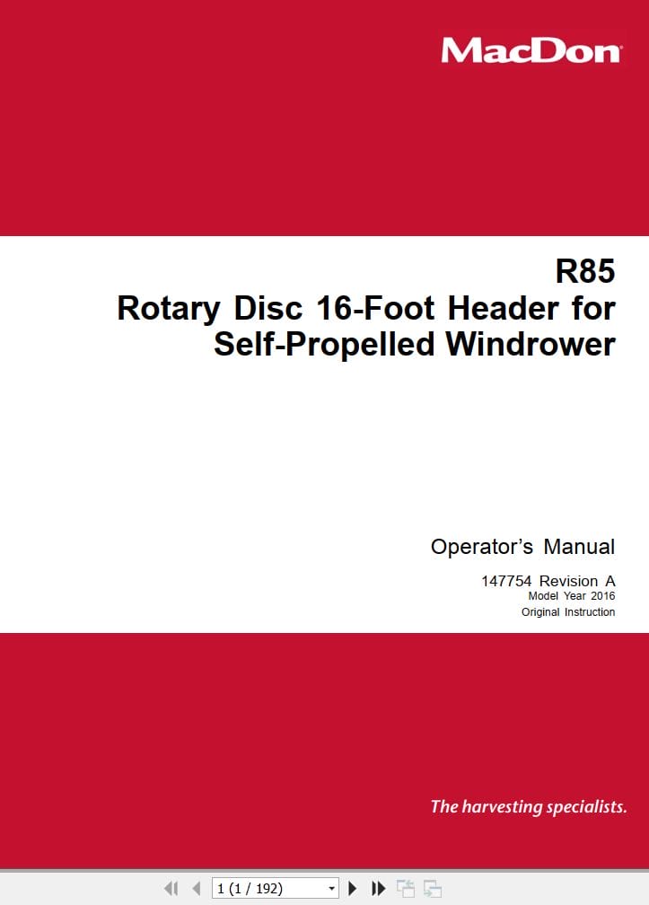 Macdon Rotary Disc 16 Foot Header R85 Operators Manual (1)
