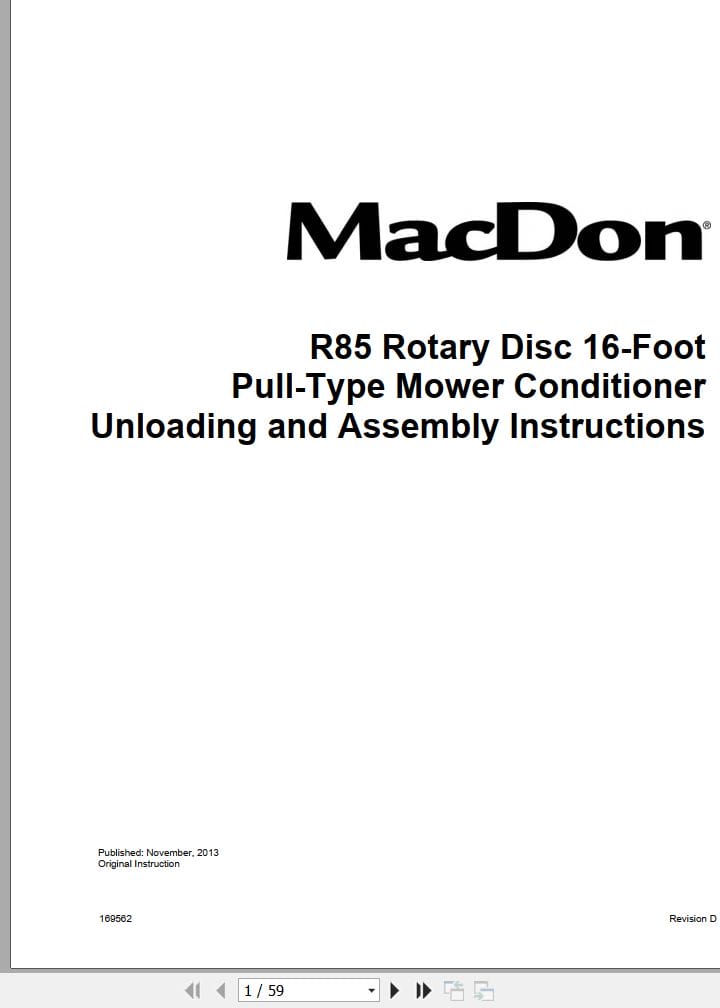 Macdon Rotary Disc 16 Foot R85 Unloading and Assembly Instructions 169562 Revision D (1)