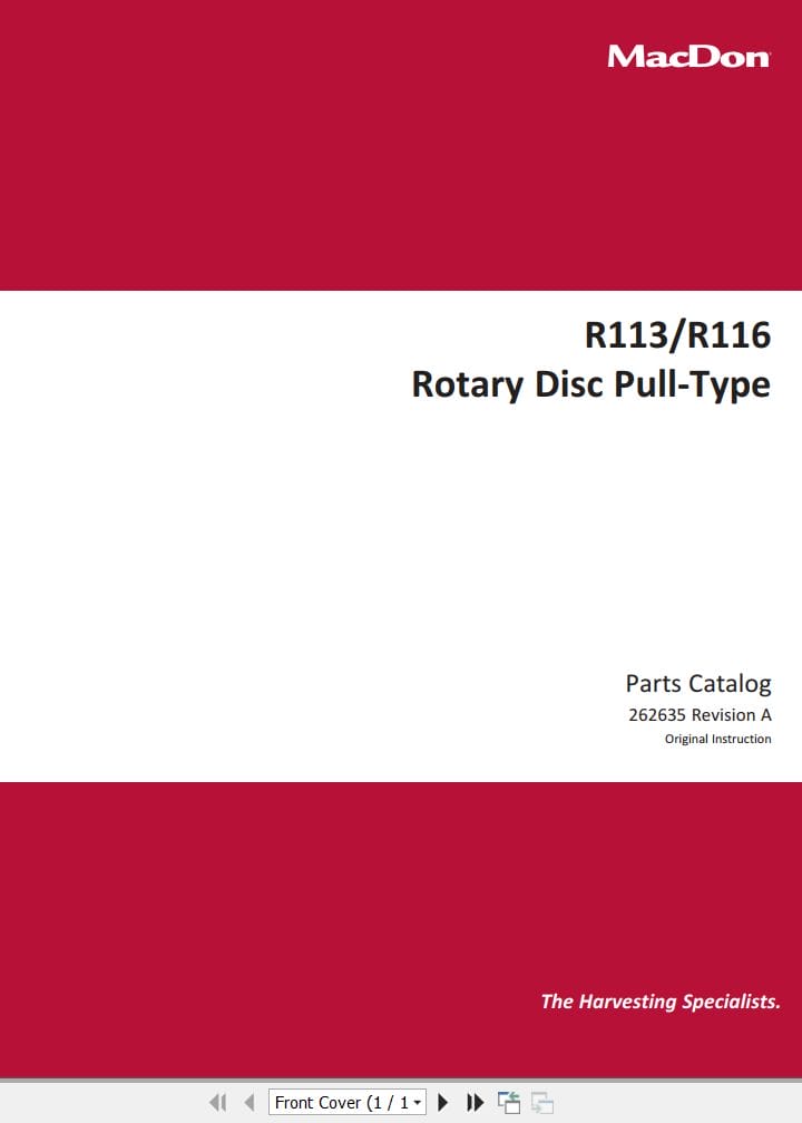 Macdon Rotary Disc Pull Type R113 R116 Parts Catalog 262635 Revision A (1)