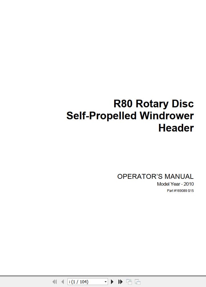 Macdon Rotary Disc Self Propelled Windrower Header R80 Operators Manual 169089 (1)