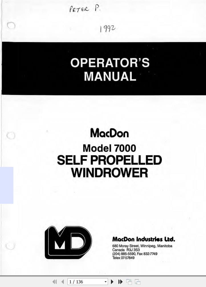 Macdon Self Propelled Windrower 7000 Operators Manual 12921 (1)