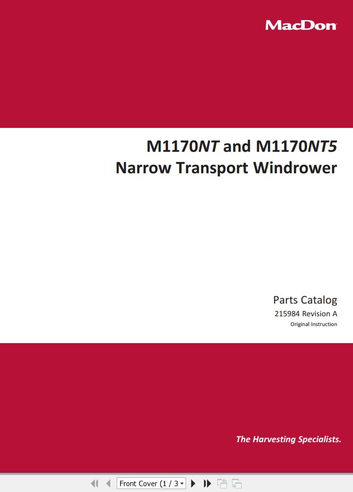 Macdon Windrower M1170NT M1170NT5 Parts Catalog 215984 Revision A (1)