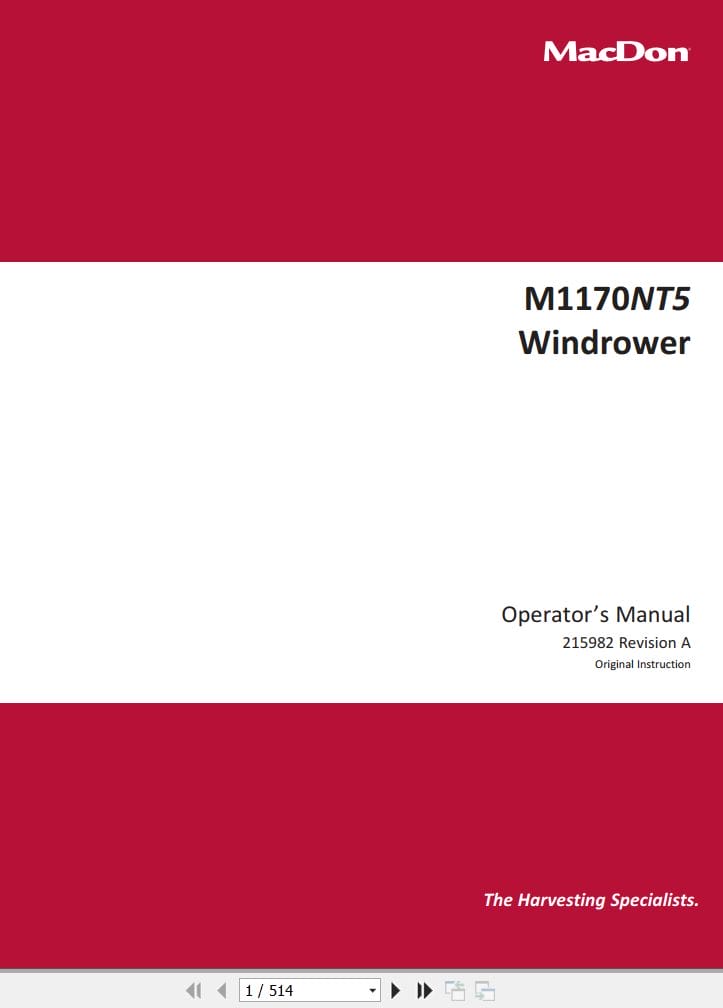 Macdon Windrower M1170NT5 Operators Manual 215982 Revision A (1)
