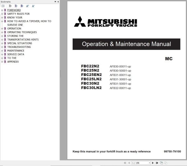 Mitsubishi Forklift FBC22N2 to FBC30LN2 Operation Maintenance Manual 99750 7N100 (1)