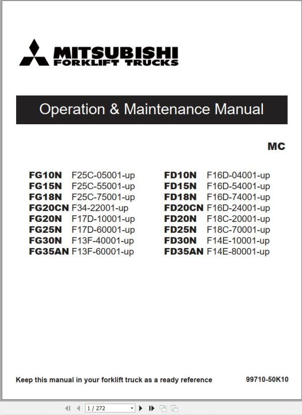 Mitsubishi Forklift FD10 35N  FD20 35NM  FG10 35N  FGE10 35N  FG15 35NM Service Operation Manual (1)