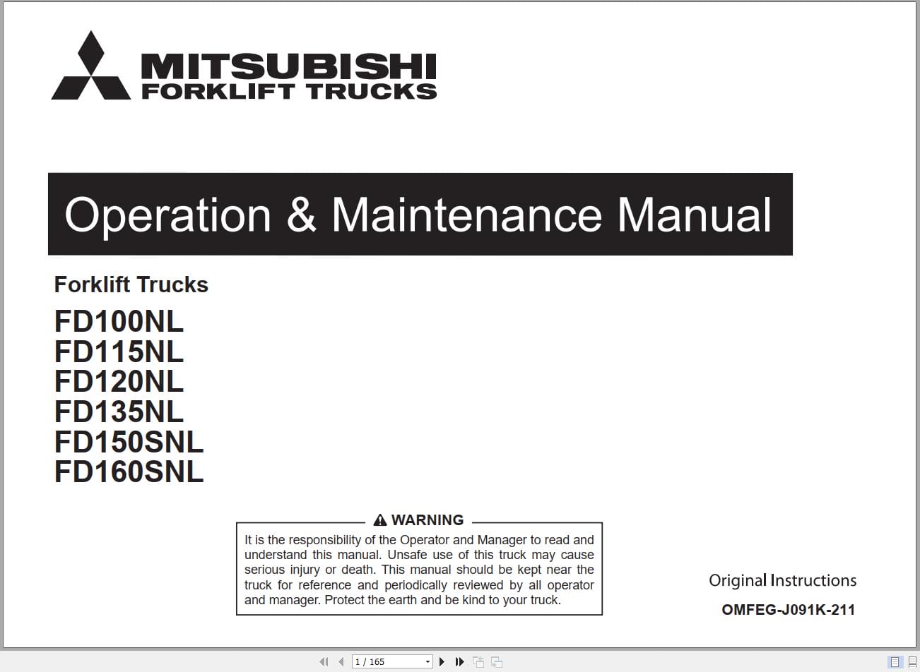 Mitsubishi Forklift FD100NL to FD160SNL Service Operation Manual (2)