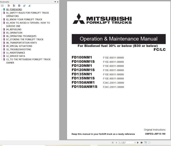 Mitsubishi Forklift FD100NM1 FD120NM1 FD135NM1 FD150ANM1 Service Operation Manual (1)