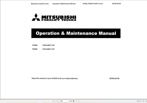 Mitsubishi Forklift FD250 FD280 Operation Maintenance Manual 99780 02100 (1)