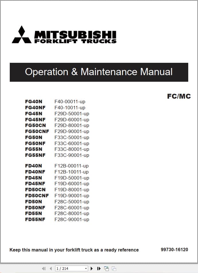 Mitsubishi Forklift FD40NF FD45NF FD50CNF FD55NF Service Operation Manual (1)