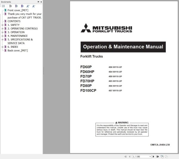 Mitsubishi Forklift FD60HP FD100CP Service Operation Manual 10.2023 (1)