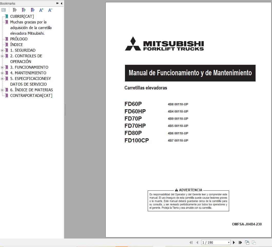 Mitsubishi Forklift FD60HP FD100CP Service Operation Manual 10.2023 (2)