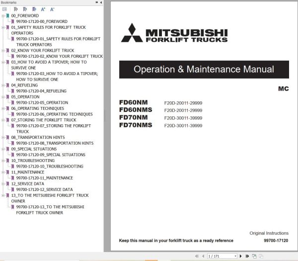 Mitsubishi Forklift FD60NMS FD70NMS Operation Maintenance Manual (1)