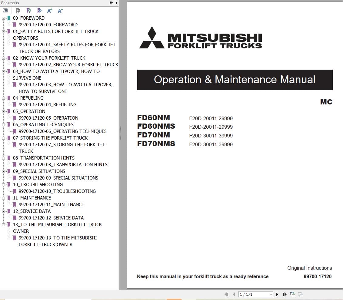 Mitsubishi Forklift FD60NMS FD70NMS Operation Maintenance Manual (1)