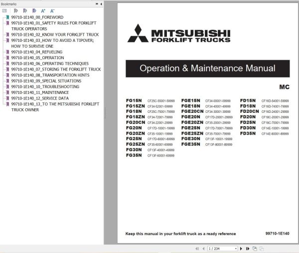 Mitsubishi Forklift FG35NT Service Operation Manual (1)