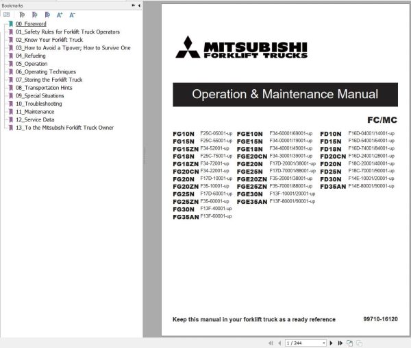 Mitsubishi Forklift FGE20N FGE20ZN FGE25N FGE25ZN Service Operation Manual (1)