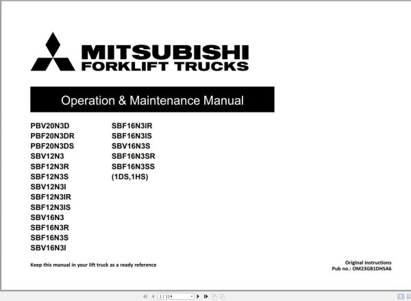 Mitsubishi Forklift PBV20N3D to SBF16N3SS Service and Operation Manual 06.2023 (2)