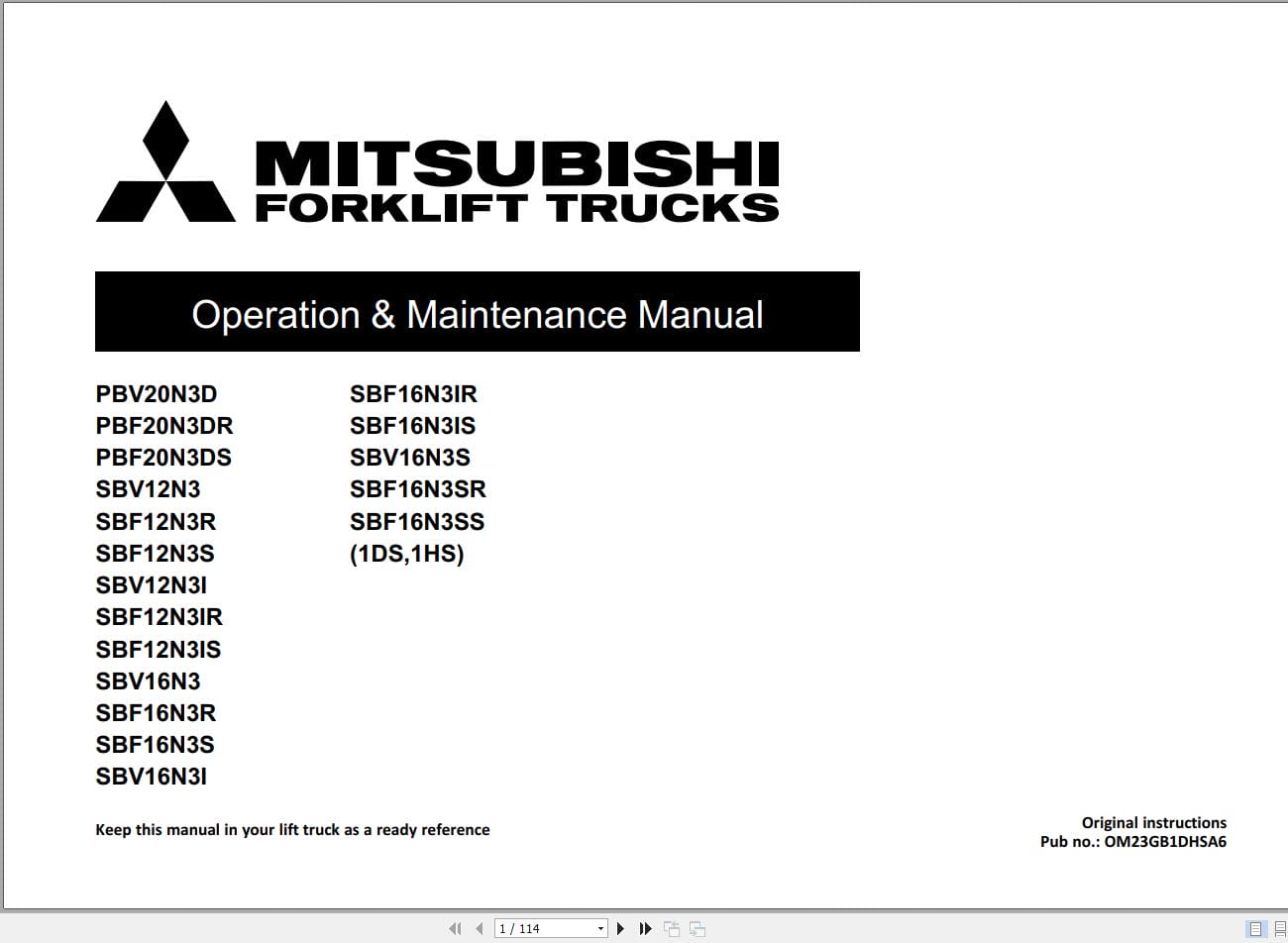 Mitsubishi Forklift PBV20N3D to SBF16N3SS Service and Operation Manual 06.2023 (2)