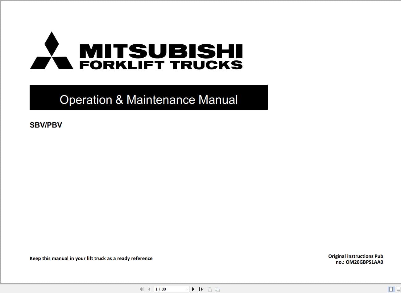Mitsubishi Forklift PBV20PD Service Operation Maintenance Manual 12.2023 (2)